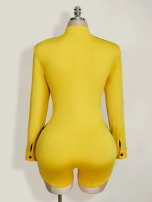SHEIN ICON Plus Size Women's Zipper Front Long Sleeve Y2K Yellow & Black Contrast Color Romper, Halloween - Yellow - View 13