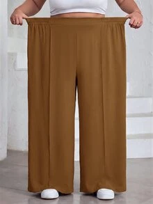 SHEIN CURVE+ 大尺碼女款純色百褶褲，黑色寬鬆寬腿褲，Curve Plus，波希米亞度假風 - 卡其色 - 查看 5