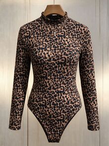 Ceyna Autumn Women Plus Size Leopard Print Inner Shirt, Brown Tone Leopard Print, Semi-High Neck, Long Sleeve, Elastic Fit, Non-Curling, Suitable For Layering With Various Outerwear, Ideal For Daily Wear And Gatherings, Basic Inner Shirt - Multicolor - View 3