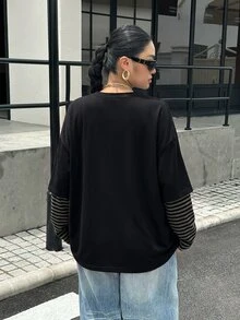 Muchica 大尺碼初秋返校黑色拼接二合一針織T恤，層次感長袖休閒軟綿上衣，適合秋季正式約會 - 彩色 - 查看 2