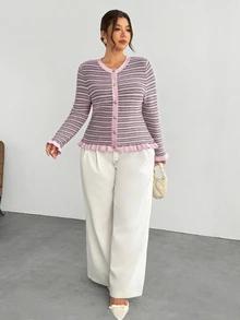 Firerie Plus Size Women's Striped Casual Versatile Daily Wear Cardigan - Pink - View 5