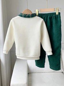 SHEIN 2件組兒童小男孩秋冬休閒衛衣褲套裝，衛衣套裝，男孩套裝，秋冬套裝，聖誕套裝，綠色套裝 - 彩色 - 查看 2