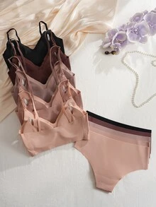 SHEIN 10件組秋季舒適無痕可拆式棉杯內衣套組，婚禮賓客、電音派對適用，棕色、灰玫瑰色、黑色，可愛日系風 - 彩色 - 查看 2