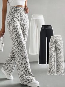 SHEIN Tween女孩秋冬針織黑色/深灰色/淺灰色高腰寬腰帶修身直筒寬腿長褲 百搭簡約舒適街頭風 3件組 - 彩色 - 查看 10