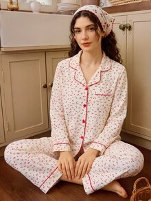 Tulorae Women's Cherry Print Long Sleeve & Long Pants Pajama Set, Farmhouse Style, Suitable For Home And Outdoor Wear - Apricot - View 6