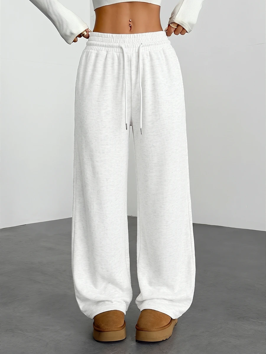 SHEIN PETITE Women's Drawstring Waist Solid Color Casual Daily Long Pants - Light Grey - View 1