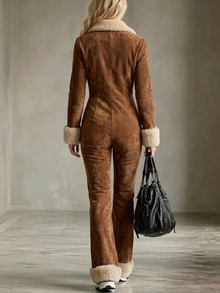LUMIGAL Women's Autumn/Winter Suede & Faux Fur Patchwork Lapel Button Front Thermal Lined Warm Jumpsuit - Brown - View 2
