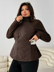 SHEIN EZwear Plus Size Slim Fit Elastic Pocket Patchwork Jacket, Autumn/Winter - Brown - View 4