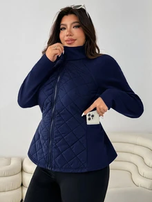 SHEIN EZwear Autumn/Winter Plus Size Slim Fit Elastic Pocket Patchwork Jacket - Navy Blue - View 7