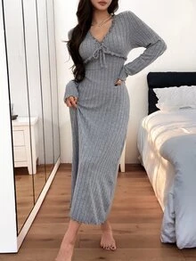 Napfluff Women's Casual Sleep Dress With Brushed Ribbed V-Neck And Ruffle Trim - Grey - View 2