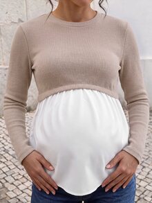 Momance Maternity Top Solid Color Round Neck Long Sleeve Casual Blouse For Outings And Home Wear Autumn - Apricot - View 5