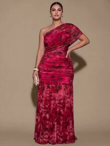 SHEIN BAE CURVE Plus Size Women's One Shoulder Ruched Casual Party Dress - Pink - View 7