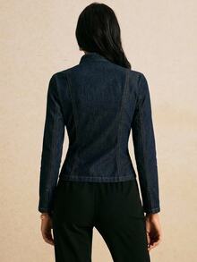 Poéselle Women's Stand Collar Long Sleeve Button Design Napoleon Denim Jacket - Dark Wash - View 2