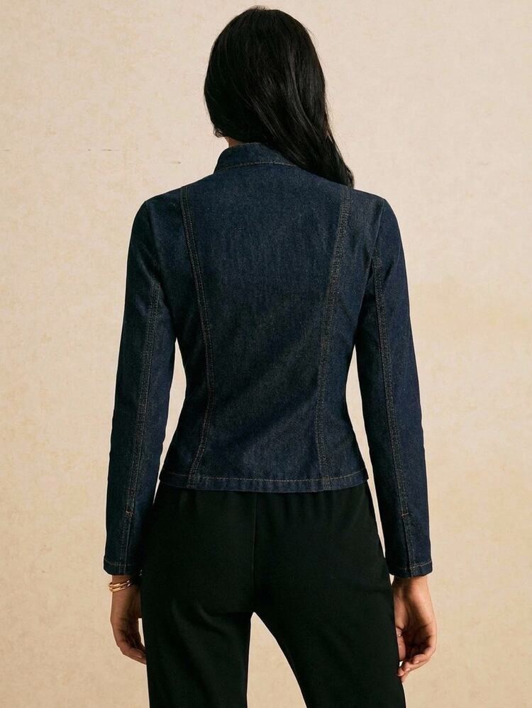 Poéselle 女款立領長袖鈕扣設計拿破崙牛仔夾克 - 深色水洗藍 - 查看 2