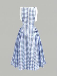 SHEIN Pitira 少女綠色格紋夏季保守野餐洋裝，鄉村風白色蝴蝶結腰部休閒優雅時尚畢業典禮派對度假童裝 - 藍色 - 查看 2