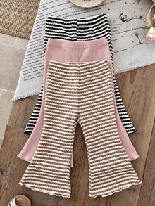 SHEIN LMoss Kids LMoss 3件組女嬰針織純色條紋休閒喇叭褲套裝 - 粉色 - 查看 8