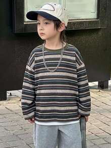 Dazy Kids 兒童秋季男童小號休閒寬鬆條紋日系森系T恤 - 彩色 - 查看 3