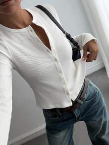 Livesso Women's Solid Color Long Sleeve Single-Breasted Casual Ribbed T-Shirt - White - View 5