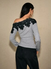 Poéselle Women's Autumn Grey Asymmetric Neckline Long Sleeve Lace Patchwork Sweater - Grey - View 2