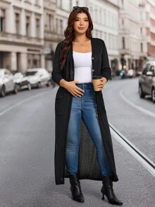 Comfylo Plus Size Women's Long Sleeve Long Cardigan With Pockets, Open Front V-Neck, Lightweight Soft Comfortable Casual Daily Wear Winter - Black - View 4