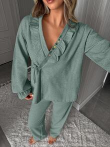SHEIN Long Sleeve Embroidery On The Collar And Front Tie Detailed Casual Dusty Pink Lounge Set - Mint Green - View 5