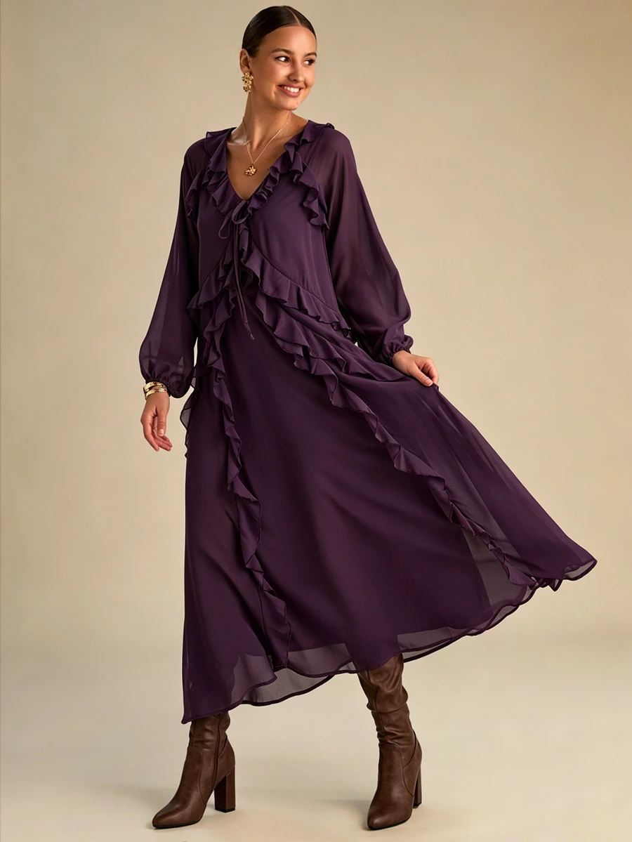 Enchnt Chocolate Brown 's Elegant Ruffle V-Neck Lantern Sleeve Long Dress, Autumn Holiday Outfits,Chic For Brunch VacationDaily Commute,Summer