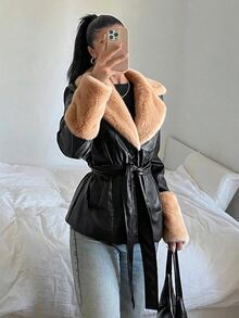 SHEIN EZwear 純色長袖休閒 PU 拼接收腰抽繩夾克 秋冬款 - 彩色 - 查看 7