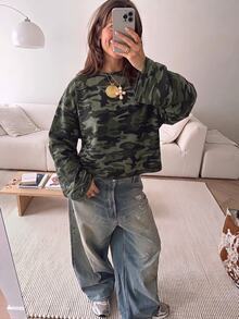SHEIN EZwear 海外長袖復古迷彩T恤，秋季上衣，適合日常通勤、聚會、秋冬春夏、聖誕節、新年、感恩節、派對、婚禮、海灘、畢業典禮、優雅、外出、約會、通勤、情人節、優雅、度假、Y2K、畢業典禮等場合 - 彩色 - 查看 3
