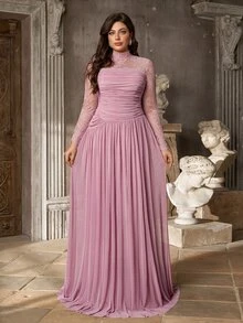 Serin Elegant Luxurious Stretch Lace Patchwork Decor With 3D Pleats, Floor-Length A-Line Formal Evening Gown For Vacation, Party, Birthday, Gala And Formal Occasions (Intricate Design) - Pink - View 1