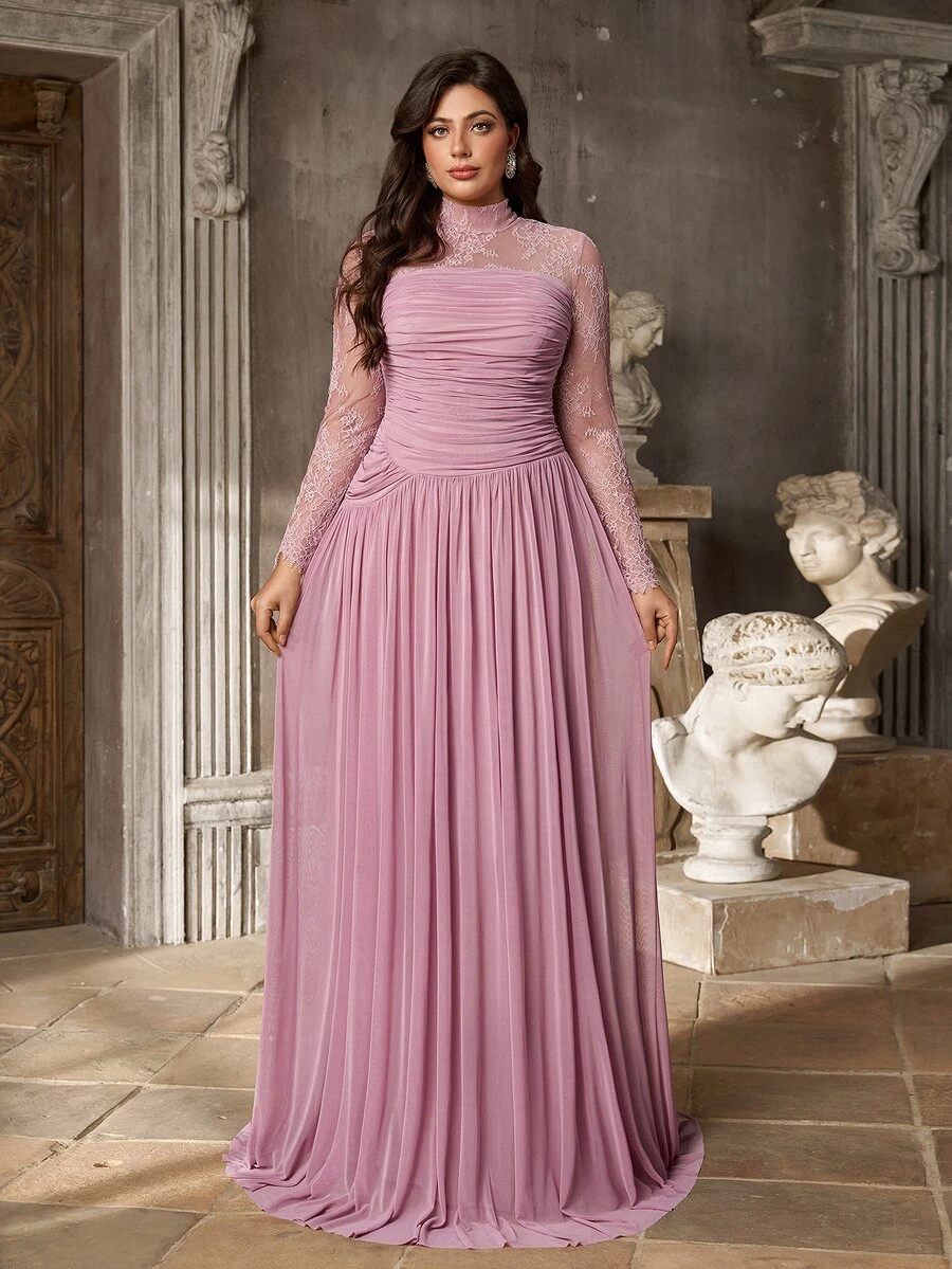 Serin Elegant Luxurious Stretch Lace Patchwork Decor With 3D Pleats, Floor-Length A-Line Formal Evening Gown For Vacation, Party, Birthday, Gala And Formal Occasions (Intricate Design) - Pink - View 1