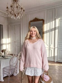 Lyrianda Sweater Lengan Panjang Wanita Ukuran Besar Warna Polos Kasual Serbaguna untuk Pemakaian Sehari-hari di Musim Dingin - Berwarna merah muda - View 4