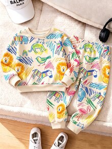 Baby Boys Colorful Graffiti Animal Print 2 Pieces Outfits, Toddler Cute Cartoon Lion Zebra Crewneck Sweatshirt And Sweatpants Set - Multicolor - View 5