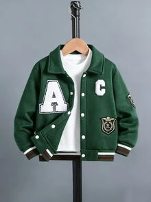 SHEIN Genkimix Kids 男童復古大學棒球夾克，酷炫雪尼爾字母貼布與徽章刺繡森林綠壓扣飛行夾克，聖誕節，Noël - 墨綠色 - 查看 8