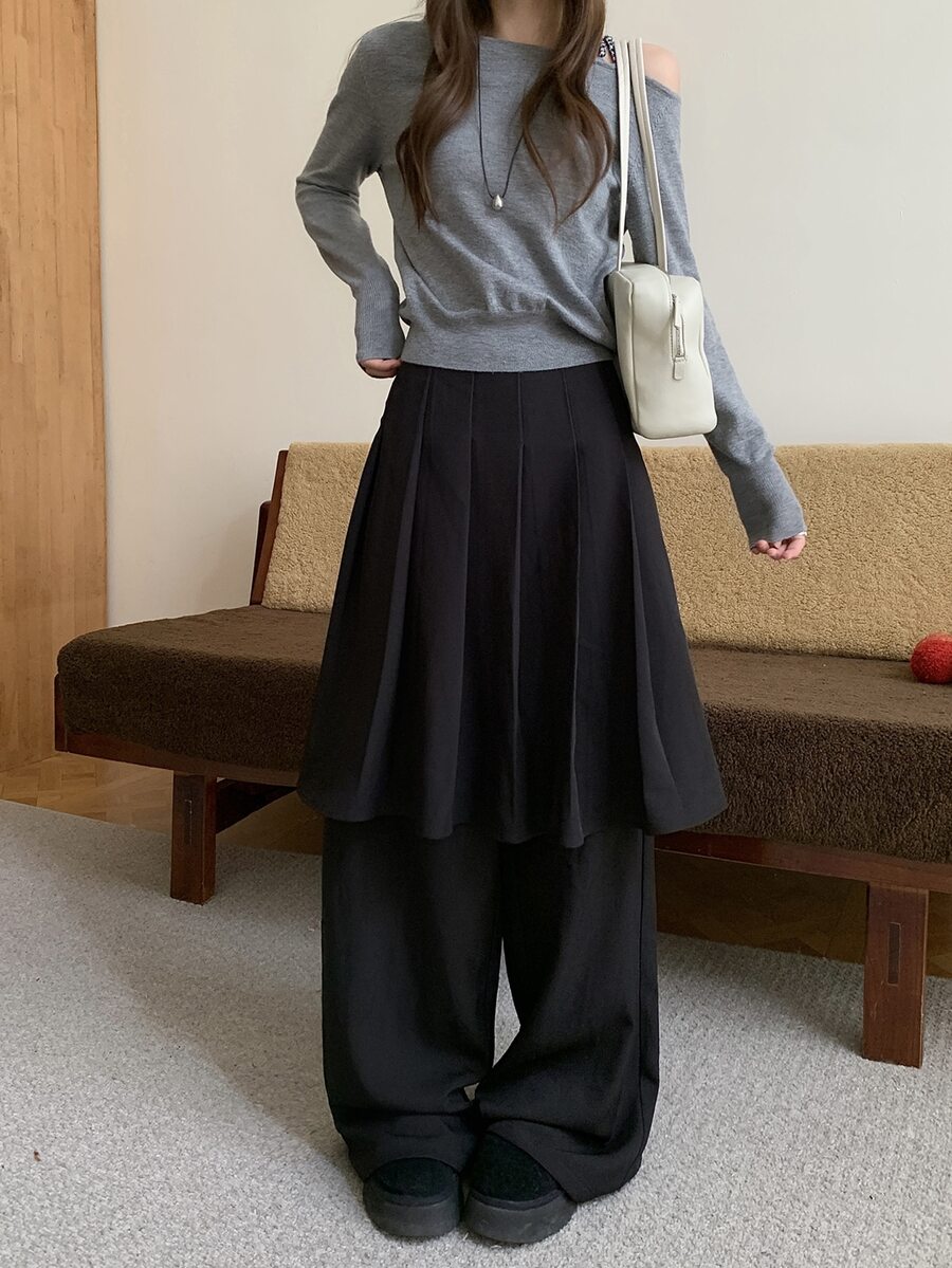 DAZY Women's Pleated 2 In 1 Casual Solid Color Korean Style Loose Fit Long Pants - Black - View 1
