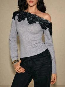 Poéselle Women's Autumn Grey Asymmetric Neckline Long Sleeve Lace Patchwork Sweater - Grey - View 1