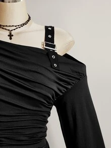 SHEIN ICON 大尺碼辣妹金屬扣褶皺長袖洋裝 - 黑色 - 查看 6