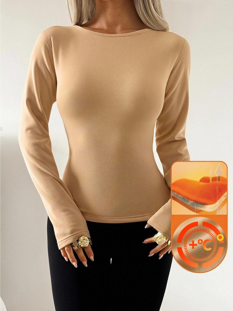 SHEIN EZwear 女款修身卡其色抓絨內裡長袖休閒T恤 - 杏色 - 查看 1