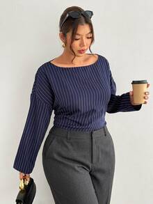 Firerie Kemeja Pullover Lengan Panjang Bergaris Biru & Putih Ukuran Plus dengan Lipatan Pinggang Leher Perahu untuk Musim Gugur/Dingin/Pakaian Kerja - Blue and White - View 8