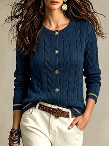 Pariaura Women's Cable Knit Button Front Long Sleeve Cardigan - Navy Blue - View 1