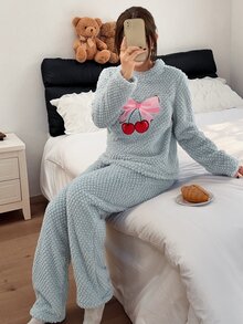 Napfluff Cherry Embroidered Comfortable Warm Plush Women's Long Sleeve Long Pants Pajama Set - Blue - View 4