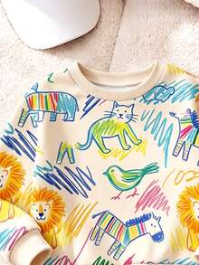 Baby Boys Colorful Graffiti Animal Print 2 Pieces Outfits, Toddler Cute Cartoon Lion Zebra Crewneck Sweatshirt And Sweatpants Set - Multicolor - View 3