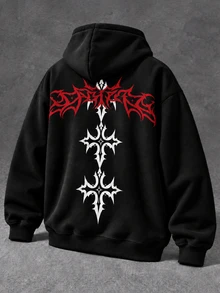 Manfinity EMRG Men's Black Hoodie With Red And White Contrasting Gothic Cross Print On The Back, Loose Drop-Shoulde - Black - View 1