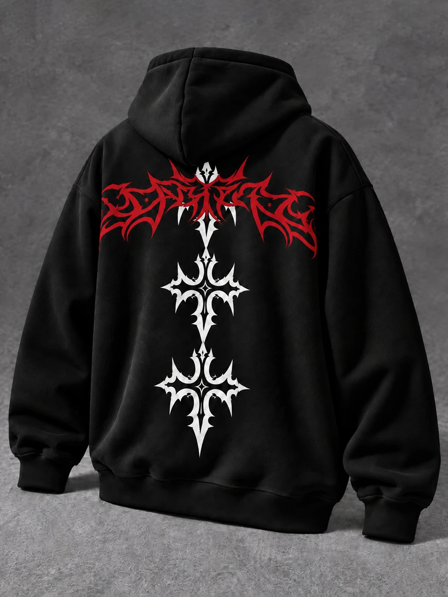 Manfinity EMRG Men's Black Hoodie With Red And White Contrasting Gothic Cross Print On The Back, Loose Drop-Shoulde - Black - View 1