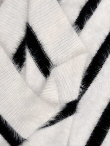 SHEIN BamGlam Autumn/Winter Fashion Faux Mink Fur Black & White Striped Cold Shoulder Pullover Sweater - Black and White - View 7