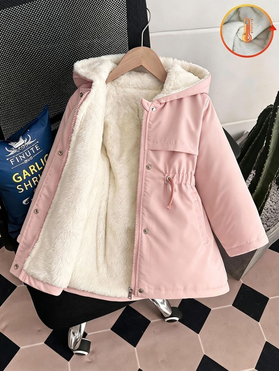 SHEIN Playful Pals 女童連帽加厚棉外套,前拉鍊設計,收腰冬季款 - 淺粉色 - 查看 1