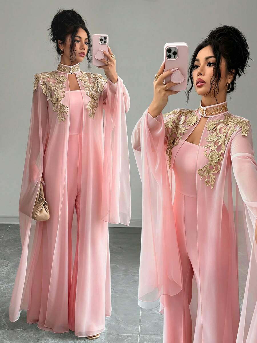 Elenzga Women's Gold Lace Shawl And Tube Top Jumpsuit 2 Pieces Set - Pink - View 1