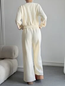 Livesso Women's Autumn/Winter Casual Daily Commute Minimalist Solid Color Single-Breasted Open Front Jacket And Drawstring Waist Thermal Lined Warm Pants 2 Pieces Set - Beige - View 3