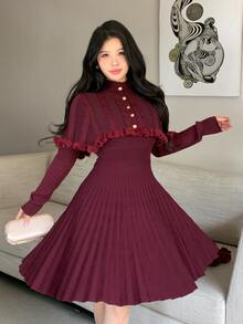 Feyla Women's Ribbed Long Sleeve Sweater Dress With Button Cropped Cardigan 2 Pieces Set - Burgundy - View 1