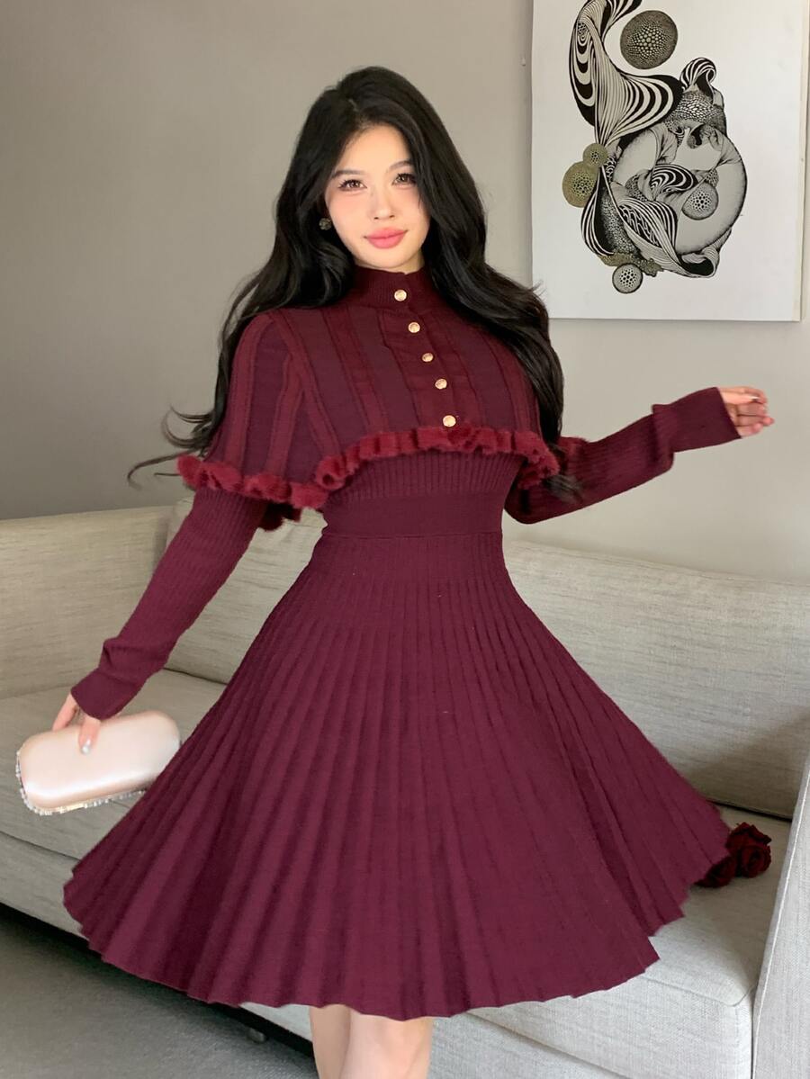 Feyla Women's Ribbed Long Sleeve Sweater Dress With Button Cropped Cardigan 2 Pieces Set - Burgundy - View 1