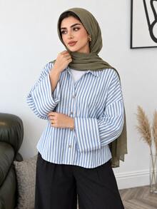 Modelyn Plus Size Women's Striped Casual Everyday Shirt - Blue and White - View 3